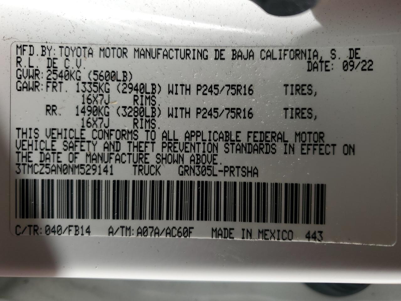 2022 TOYOTA TACOMA DOUBLE CAB VIN:3TMCZ5AN0NM529141