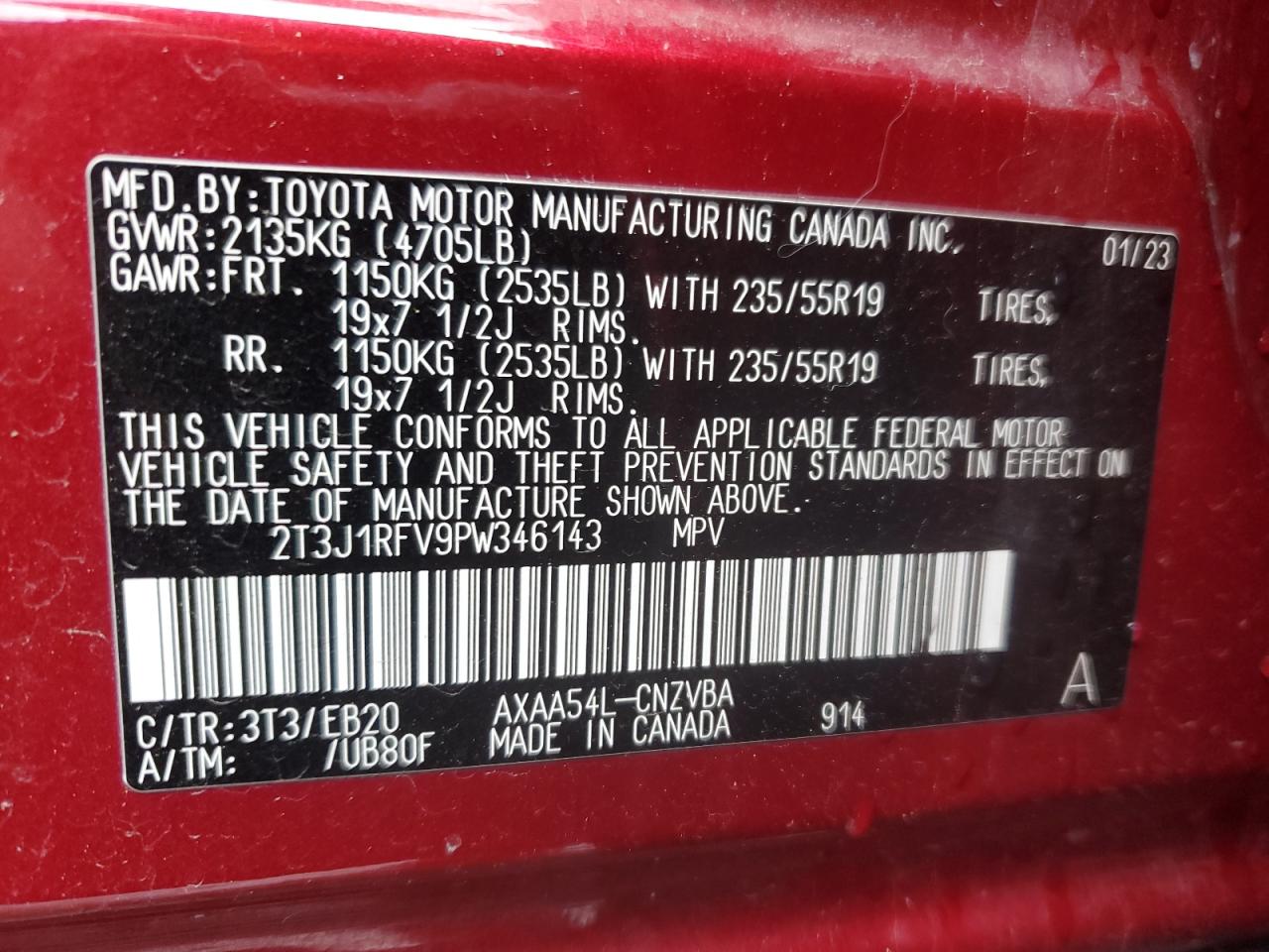 2023 TOYOTA RAV4 ADVENTURE VIN:2T3J1RFV9PW346143