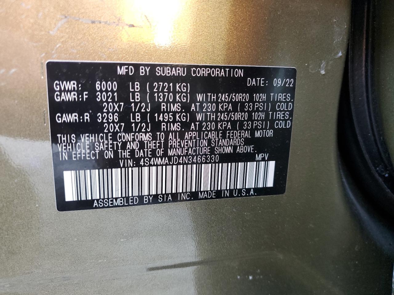 2022 SUBARU ASCENT ONYX EDITION VIN:4S4WMAJD4N3466330