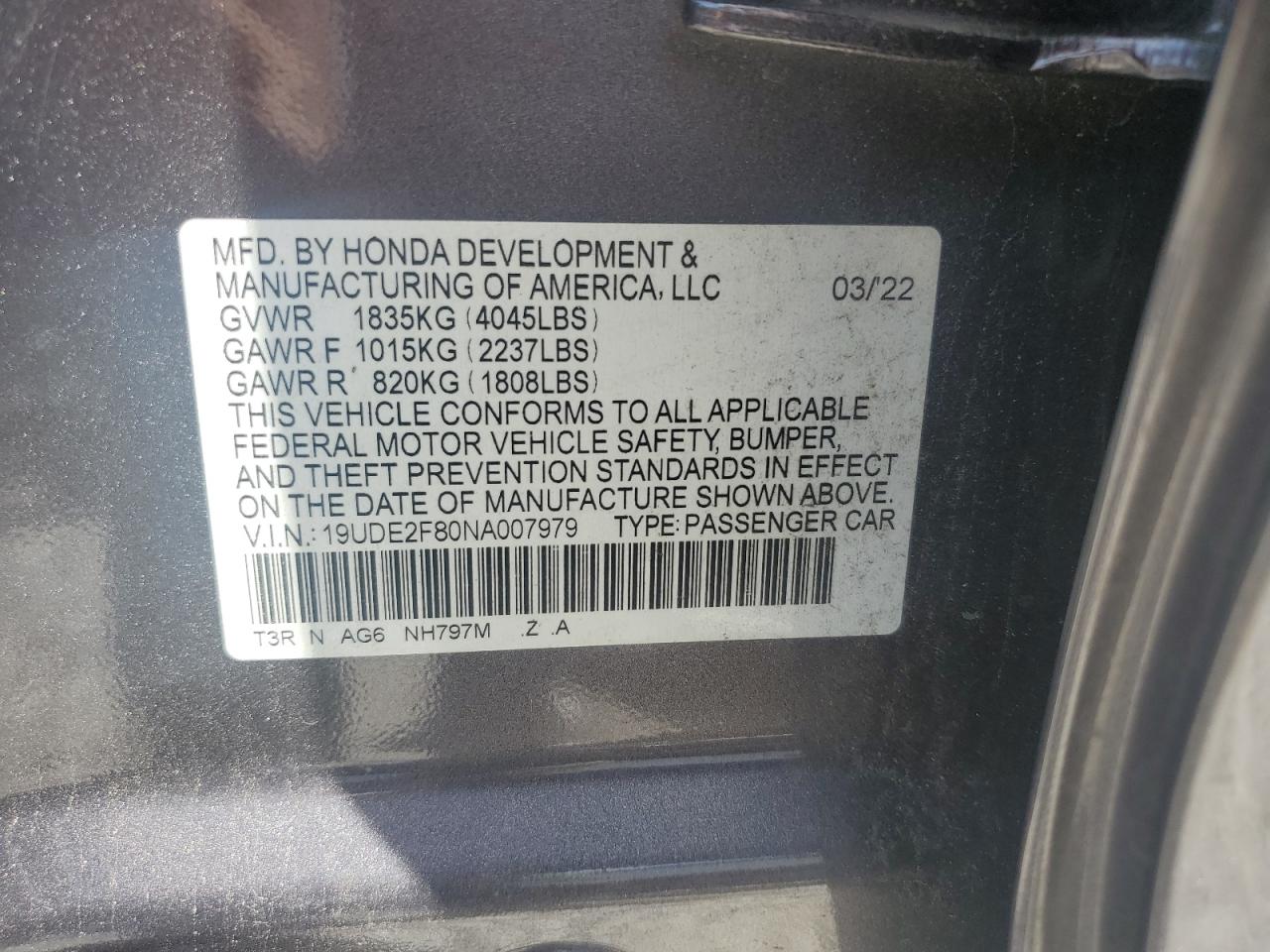 2022 ACURA ILX PREMIUM A-SPEC VIN:19UDE2F80NA007979