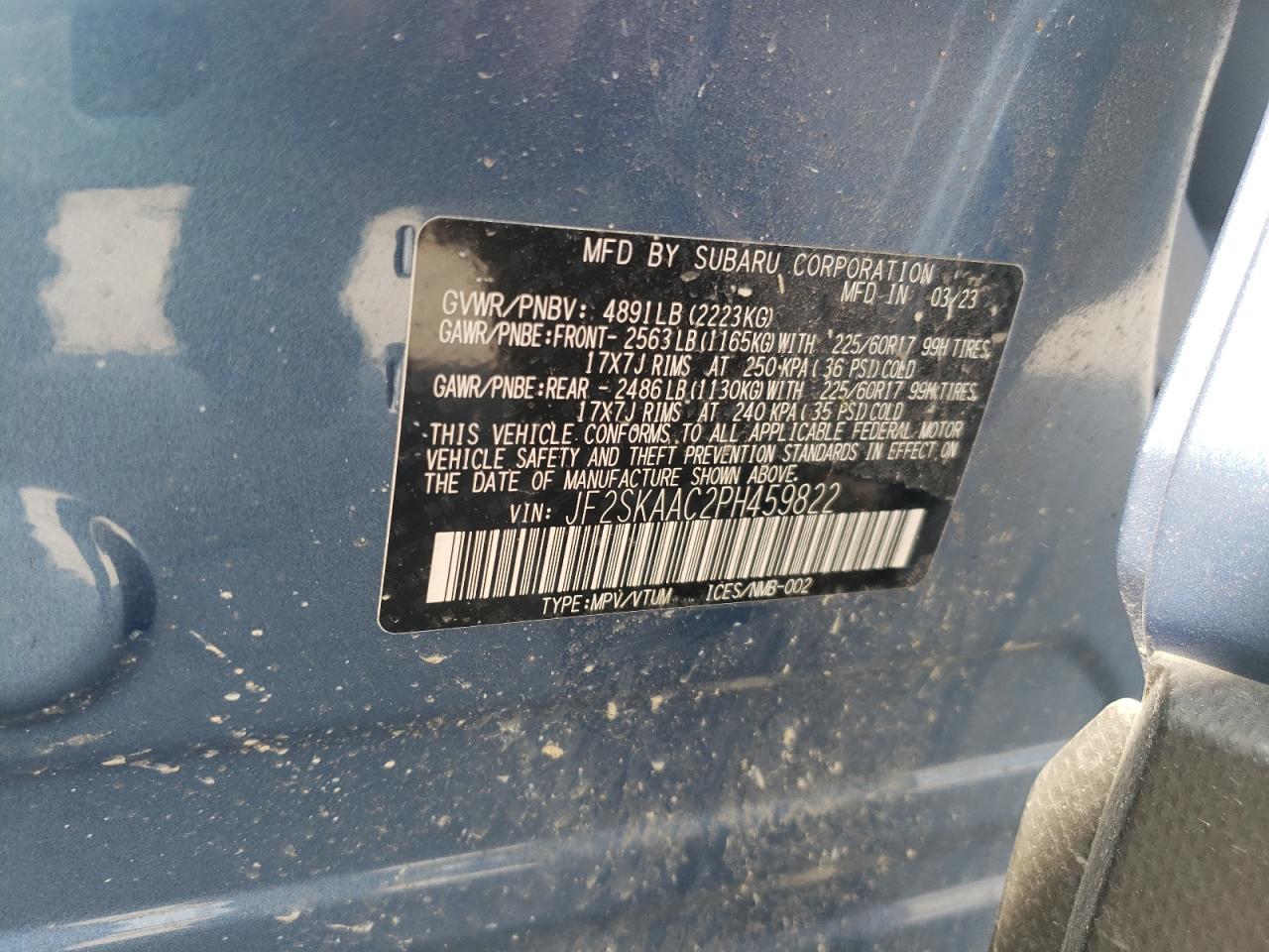 2023 SUBARU FORESTER VIN:JF2SKAAC2PH459822