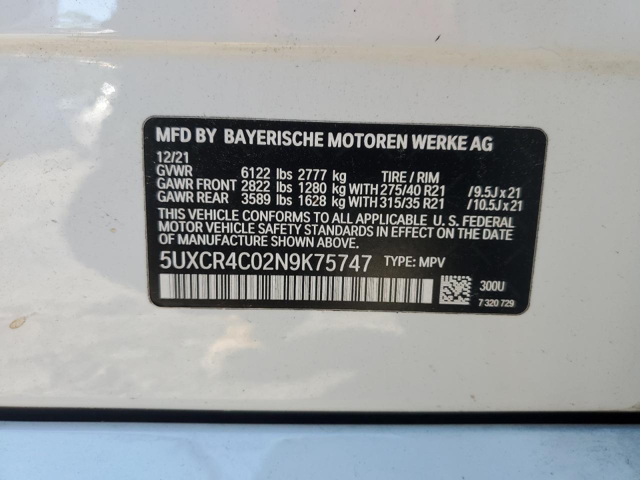 2022 BMW X5 SDRIVE 40I VIN:5UXCR4C02N9K75747