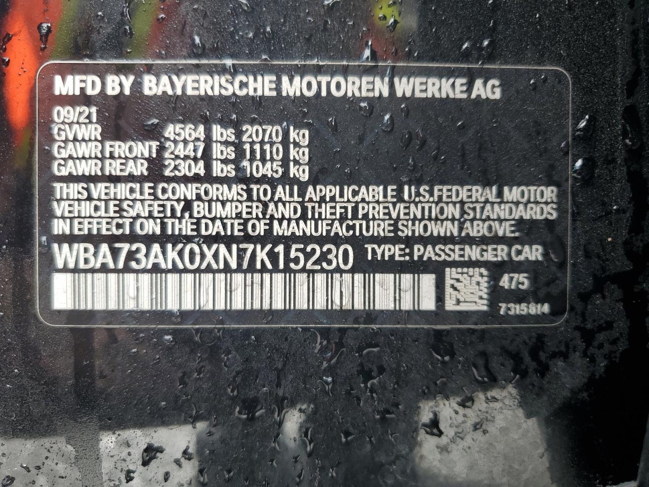 2022 BMW 228XI VIN:WBA73AK0XN7K15230