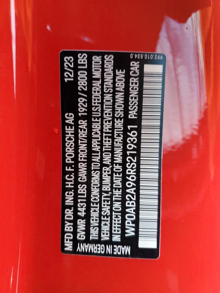 2024 PORSCHE 911 CARRERA S VIN:WP0AB2A96RS219361
