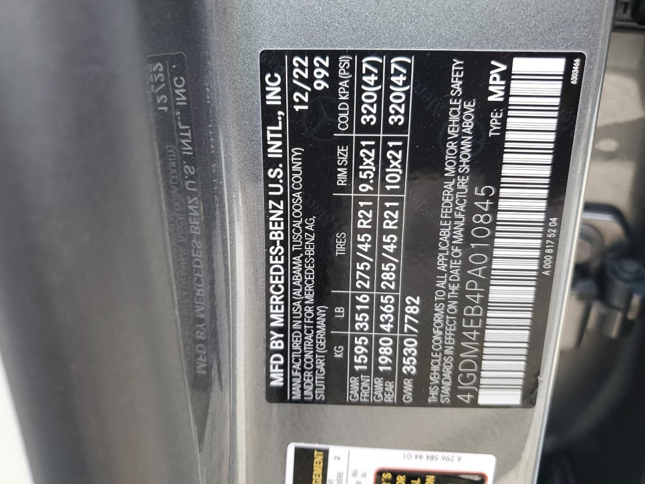 2023 MERCEDES-BENZ EQS SUV 580 4MATIC VIN:4JGDM4EB4PA010845