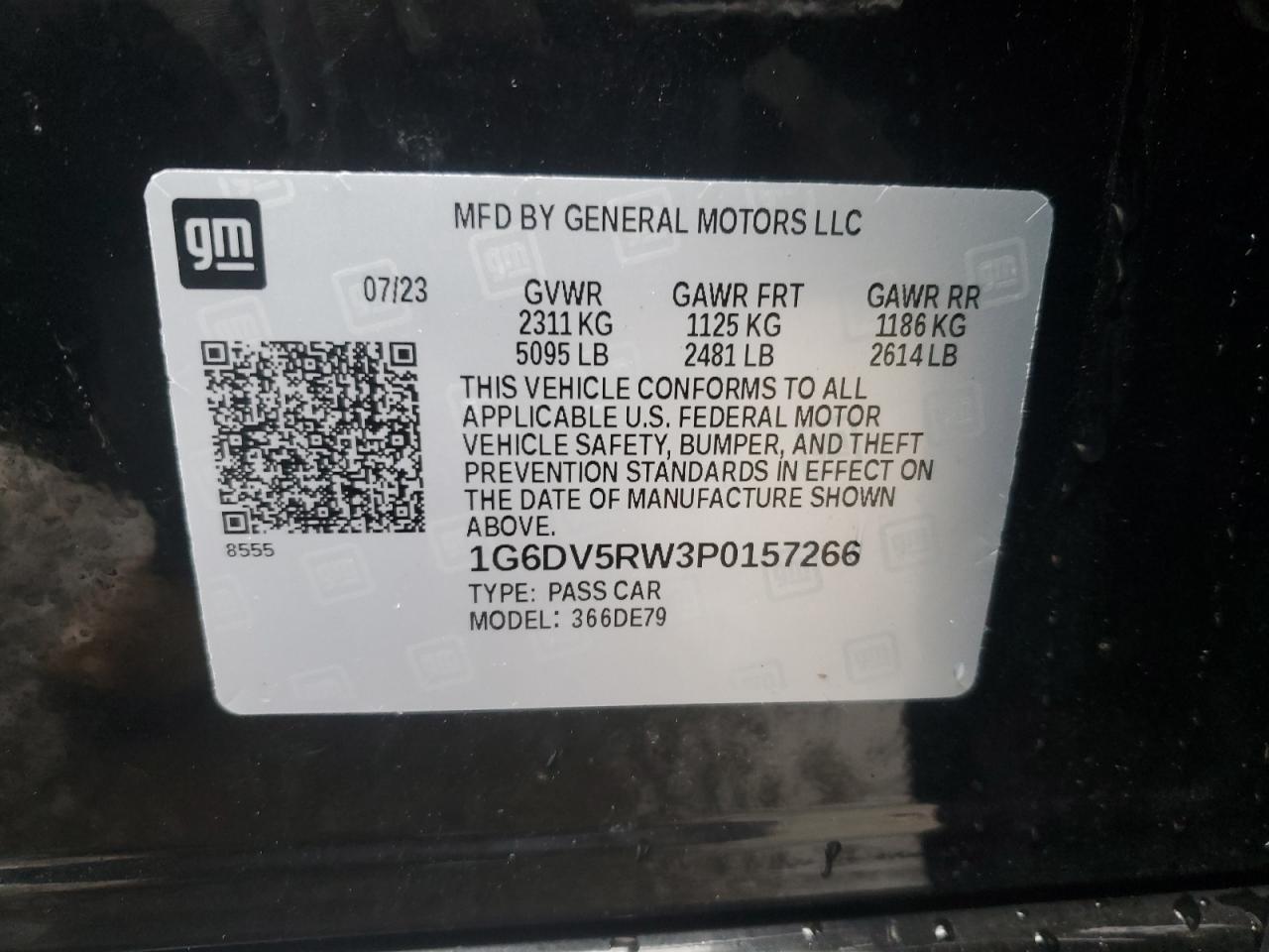 2023 CADILLAC CT5-V VIN:1G6DV5RW3P0157266