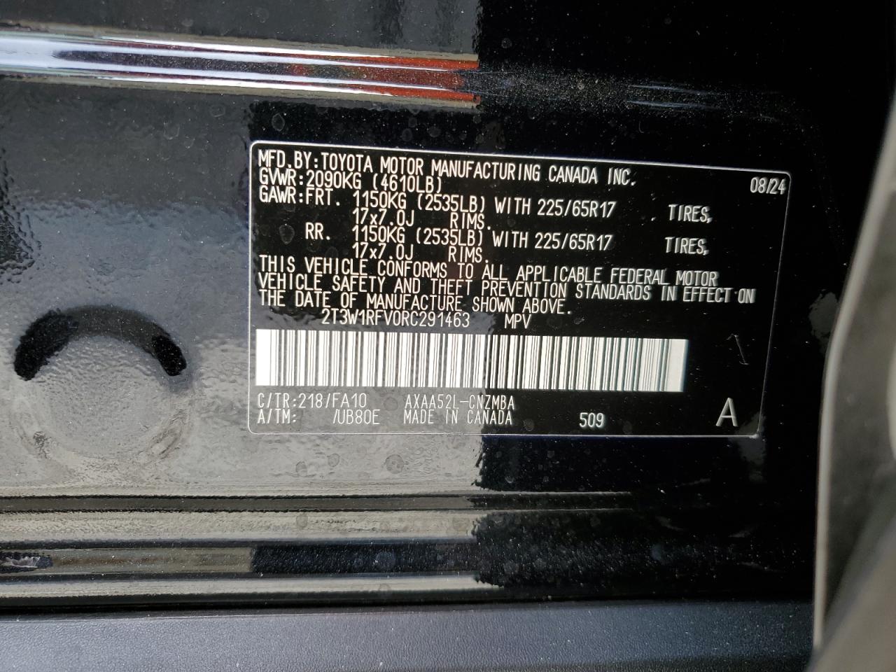 2024 TOYOTA RAV4 XLE VIN:2T3W1RFV0RC291463