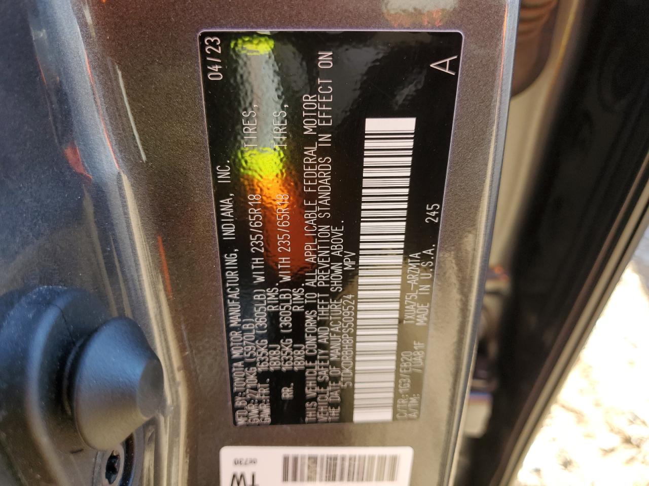 2023 TOYOTA HIGHLANDER L VIN:5TDKDRBH8PS509524