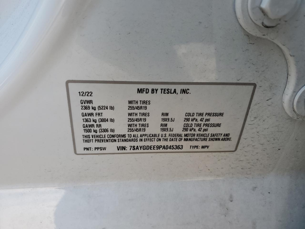 2023 TESLA MODEL Y VIN:7SAYGDEE9PA045363