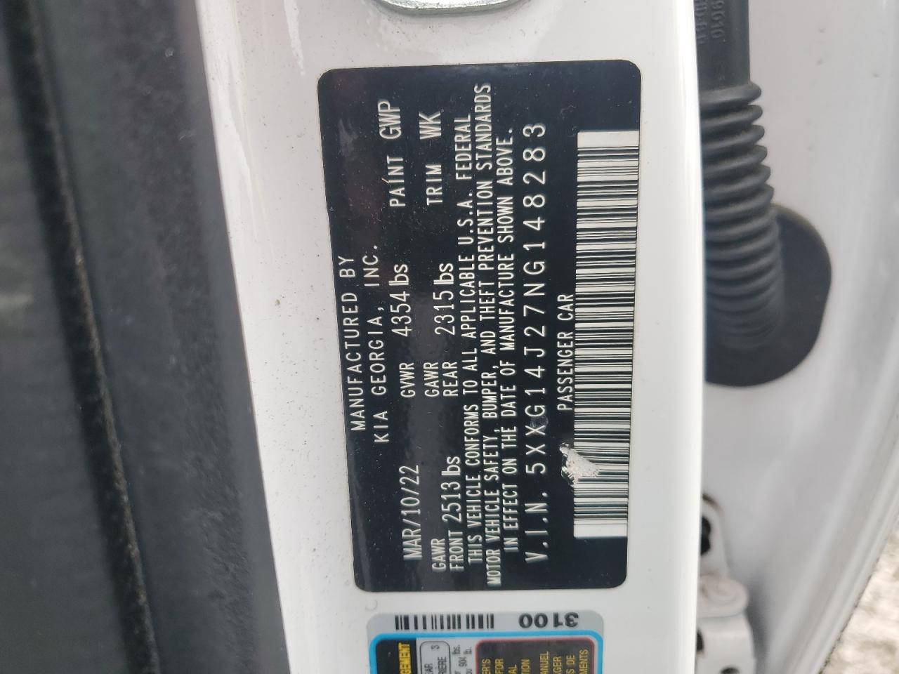 2022 KIA K5 LXS VIN:5XXG14J27NG148283