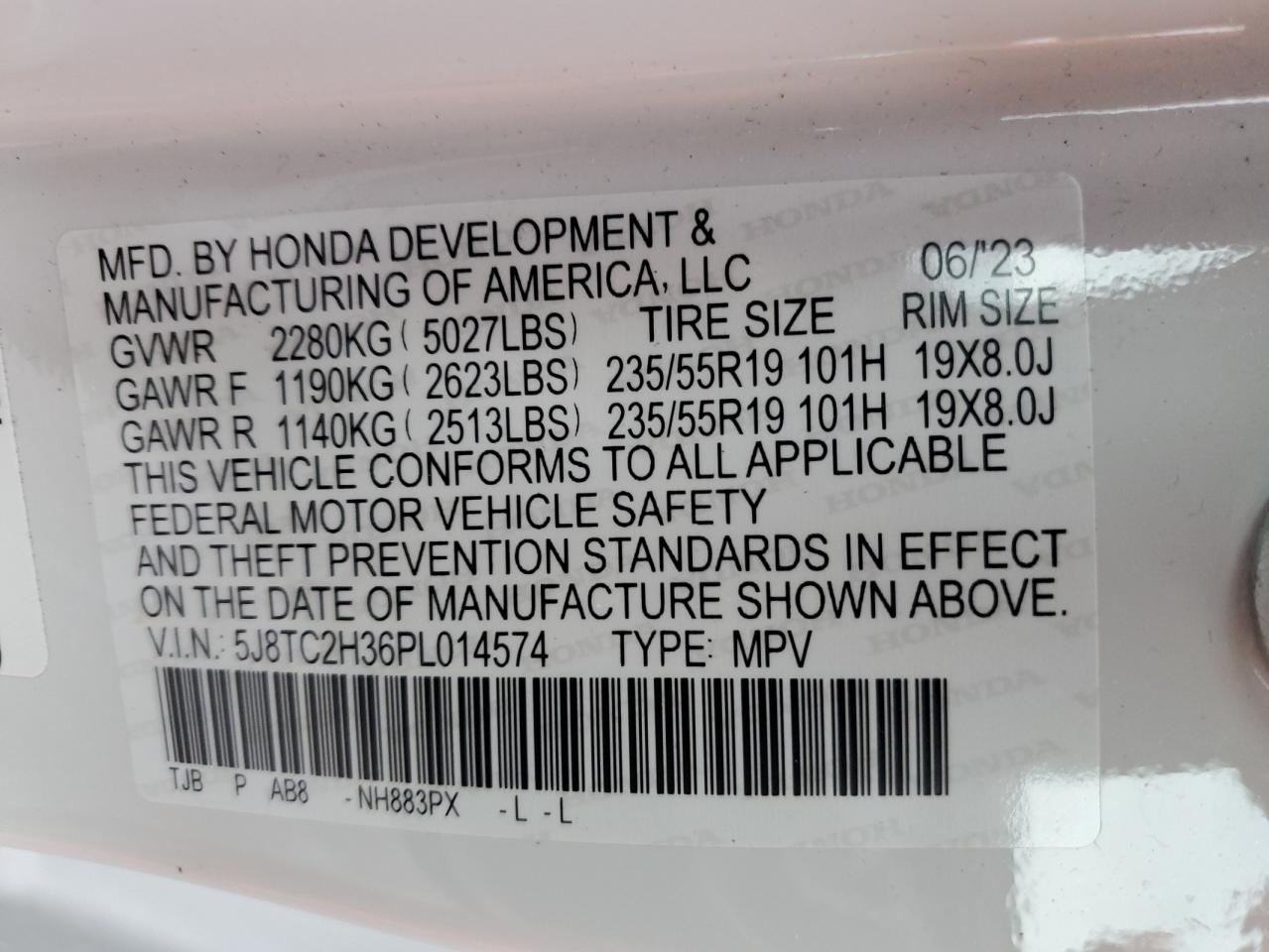 2023 ACURA RDX VIN:5J8TC2H36PL014574