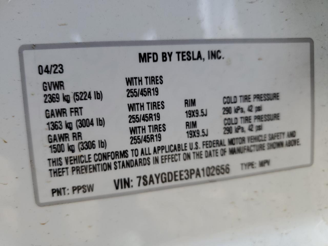 2023 TESLA MODEL Y VIN:7SAYGDEE3PA102656
