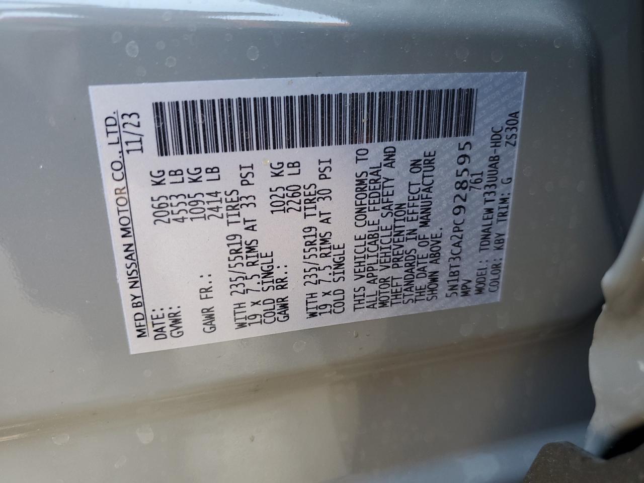 2023 NISSAN ROGUE SL VIN:5N1BT3CA2PC928595