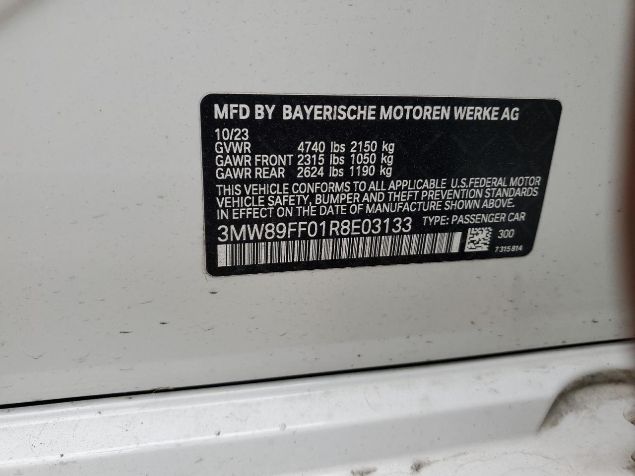 2024 BMW 330XI VIN:3MW89FF01R8E03133