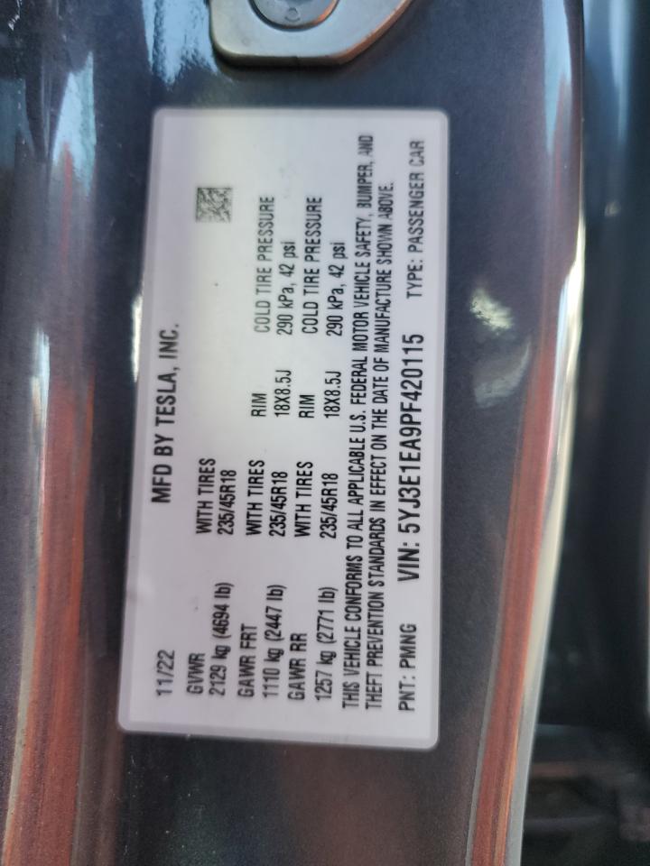 2023 TESLA MODEL 3 VIN:5YJ3E1EA9PF420115