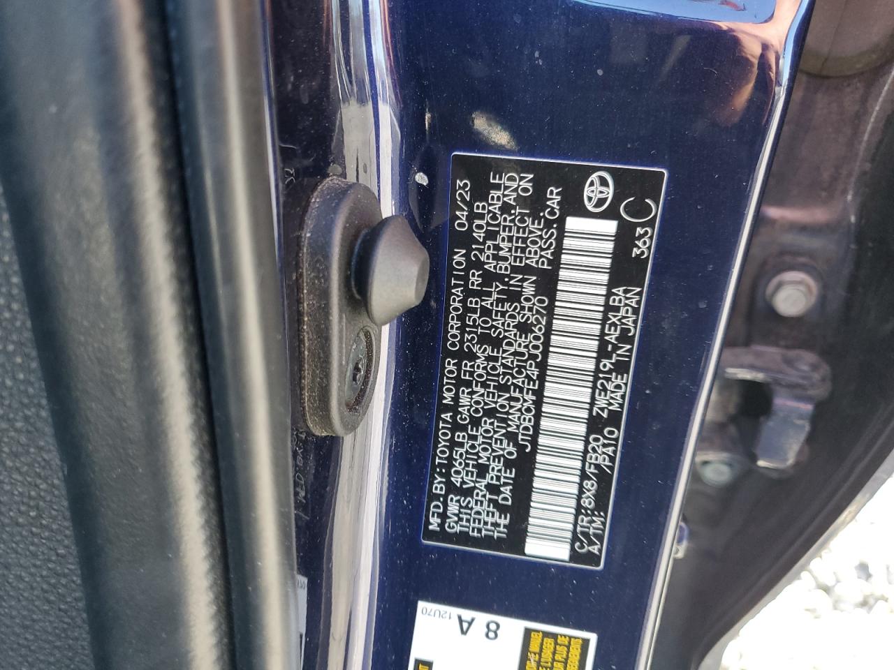 2023 TOYOTA COROLLA LE VIN:JTDBCMFE4PJ006270