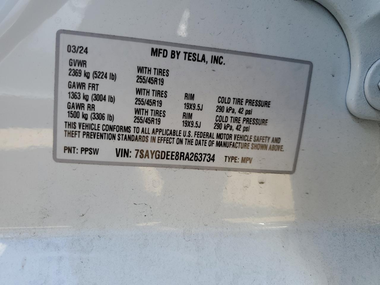2024 TESLA MODEL Y VIN:7SAYGDEE8RA263734