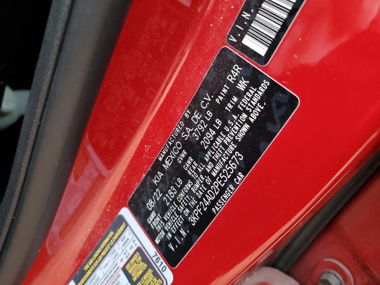2023 KIA FORTE LX VIN:3KPF24AD2PE525673