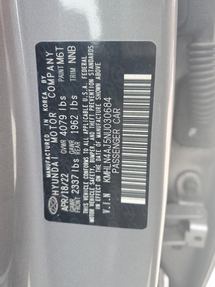 2022 HYUNDAI ELANTRA LIMITED VIN:KMHLN4AJ5NU030684