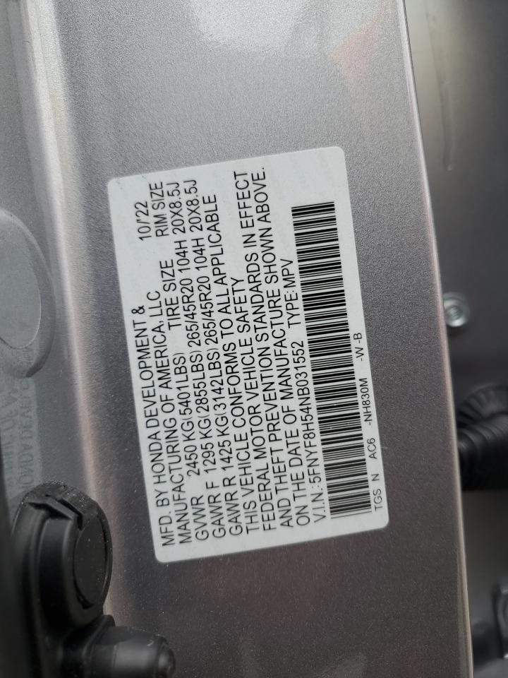 2022 HONDA PASSPORT EXL VIN:5FNYF8H54NB031552