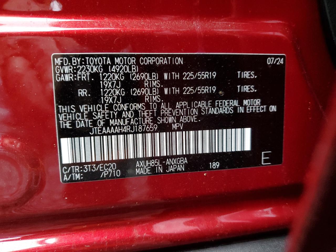 2024 TOYOTA VENZA LE VIN:JTEAAAAH4RJ187659