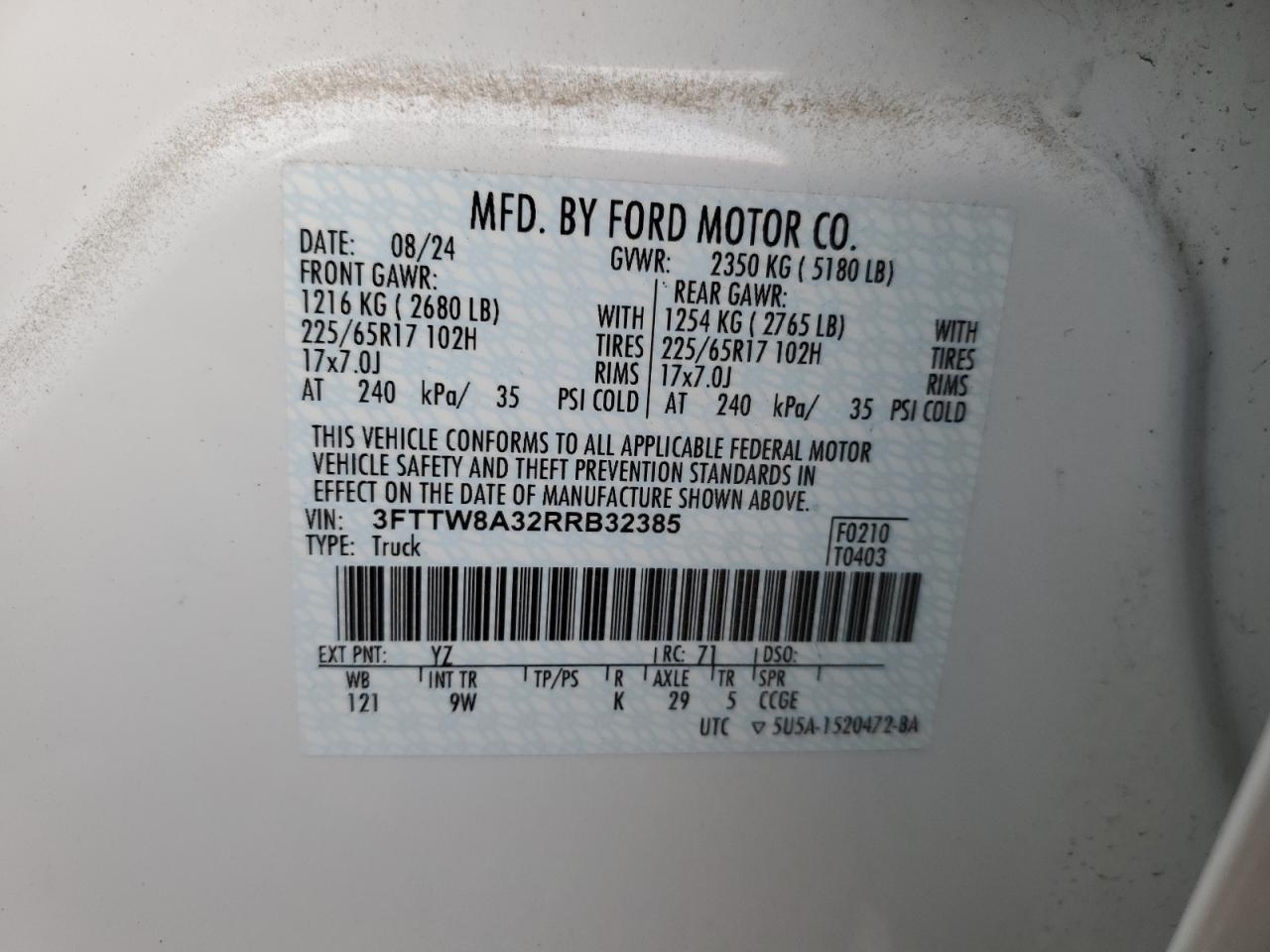 2024 FORD MAVERICK XL VIN:3FTTW8A32RRB32385