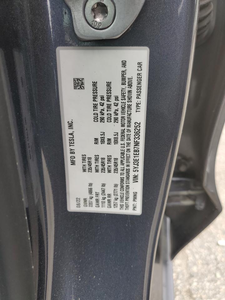 2022 TESLA MODEL 3 VIN:5YJ3E1EB7NF336252