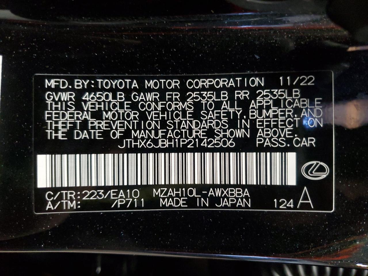 2023 LEXUS UX 250H BASE VIN:JTHX6JBH1P2142506