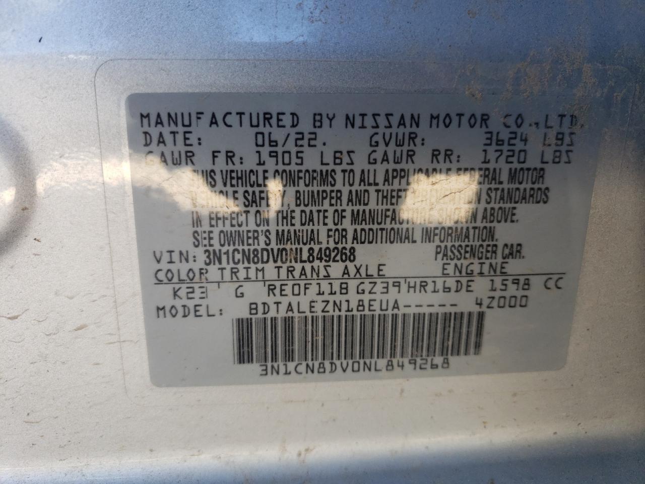 2022 NISSAN VERSA S VIN:3N1CN8DV0NL849268