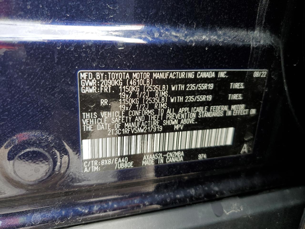 2022 TOYOTA RAV4 XLE PREMIUM VIN:2T3C1RFV5NW217919