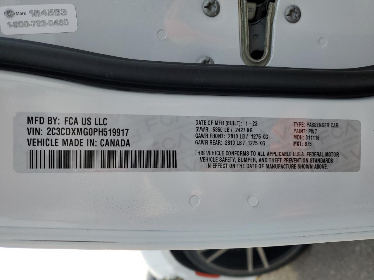 2023 DODGE CHARGER GT VIN:2C3CDXMG0PH519917