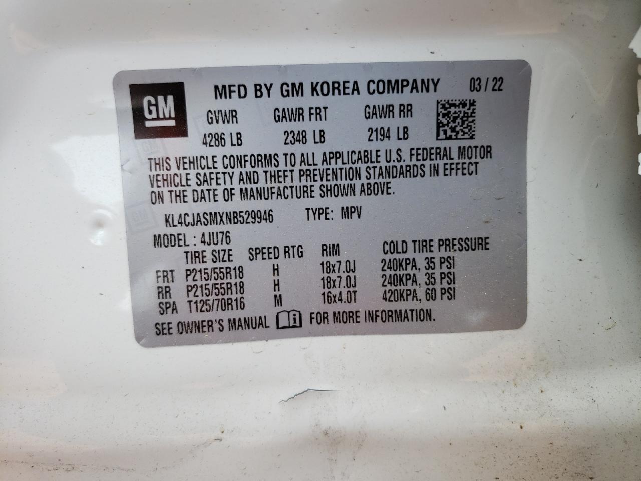 2022 BUICK ENCORE PREFERRED VIN:KL4CJASMXNB529946