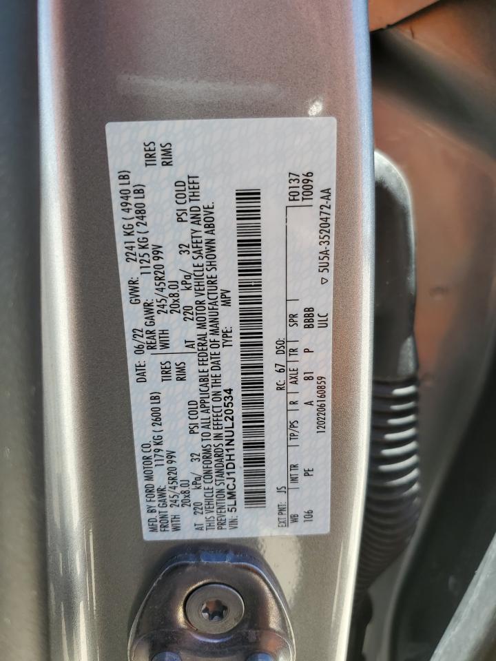 2022 LINCOLN CORSAIR VIN:5LMCJ1DH1NUL20534