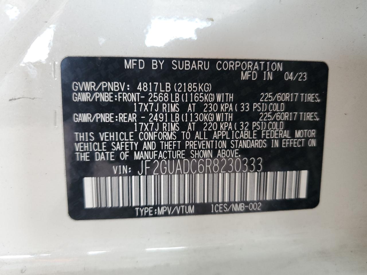 2024 SUBARU CROSSTREK PREMIUM VIN:WP0AA2A8XNS255297