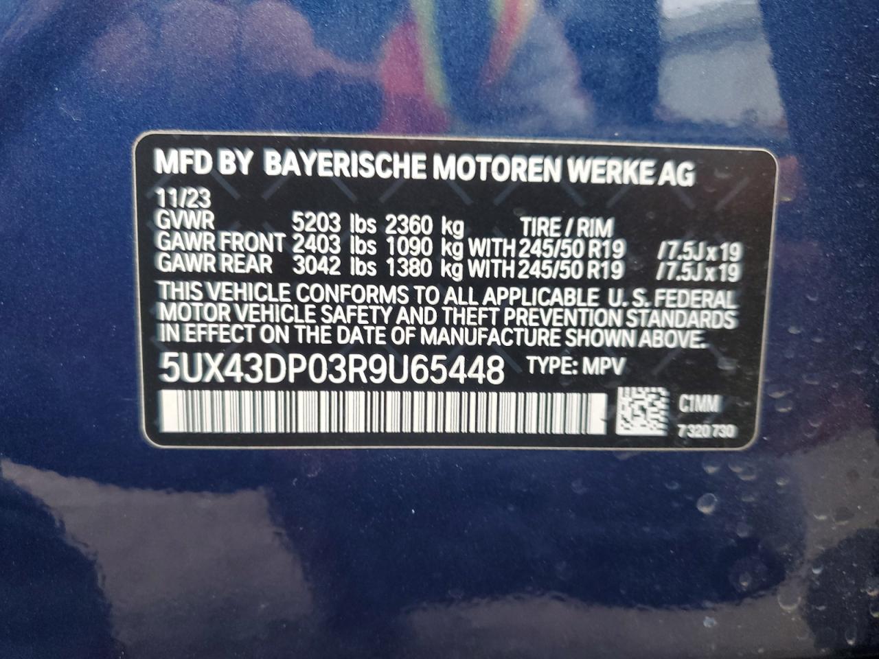 2024 BMW X3 SDRIVE30I VIN:5UX43DP03R9U65448