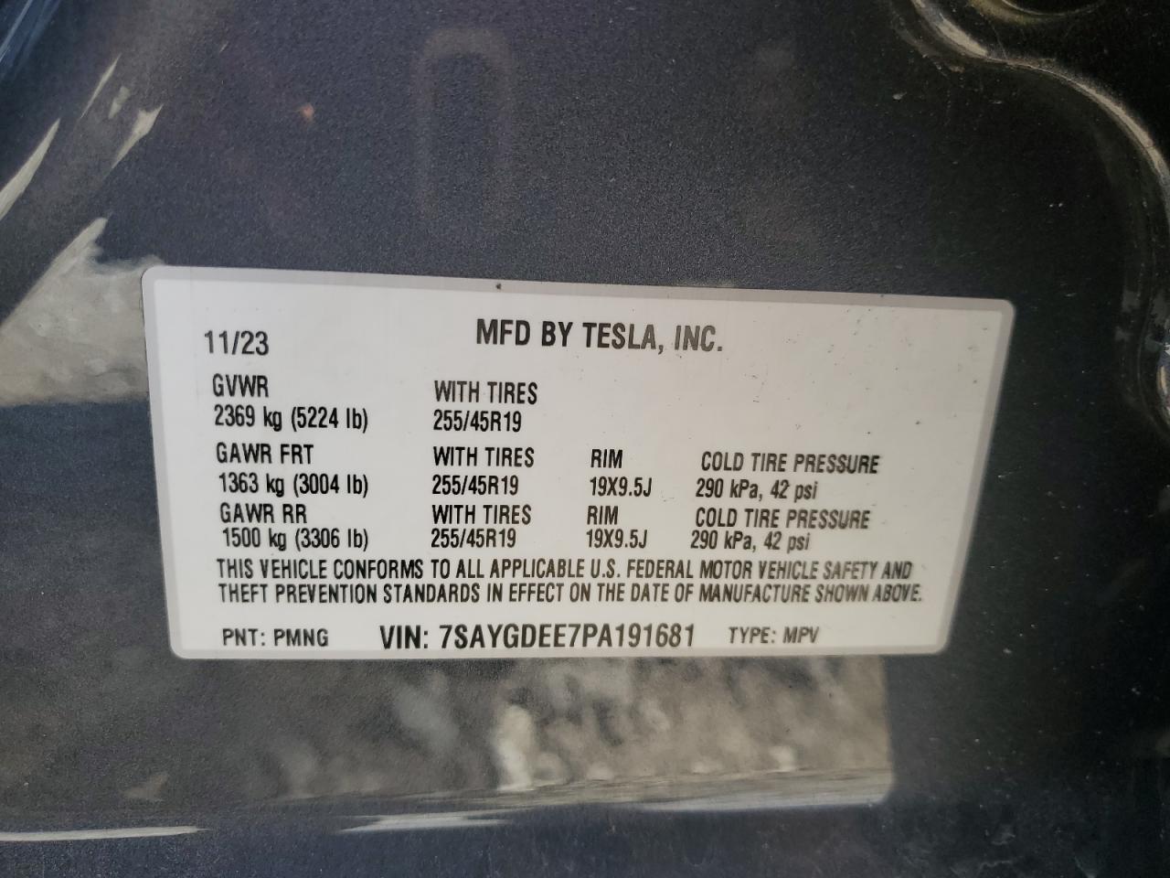 2023 TESLA MODEL Y VIN:7SAYGDEE7PA191681