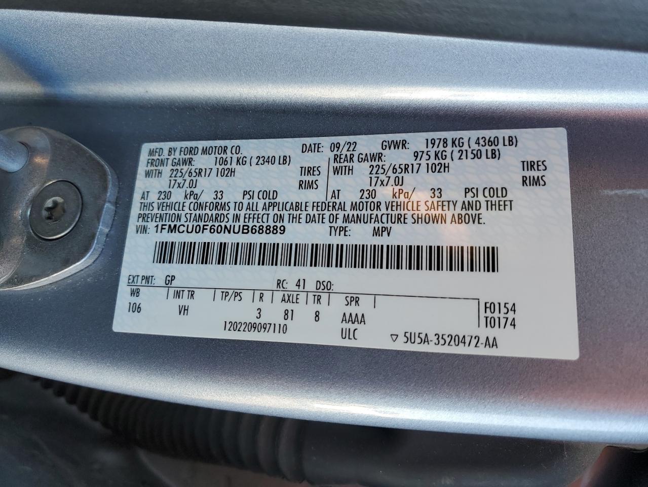 2022 FORD ESCAPE S VIN:1FMCU0F60NUB68889