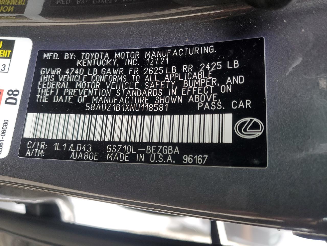 2022 LEXUS ES 350 BASE VIN:58ADZ1B1XNU118581