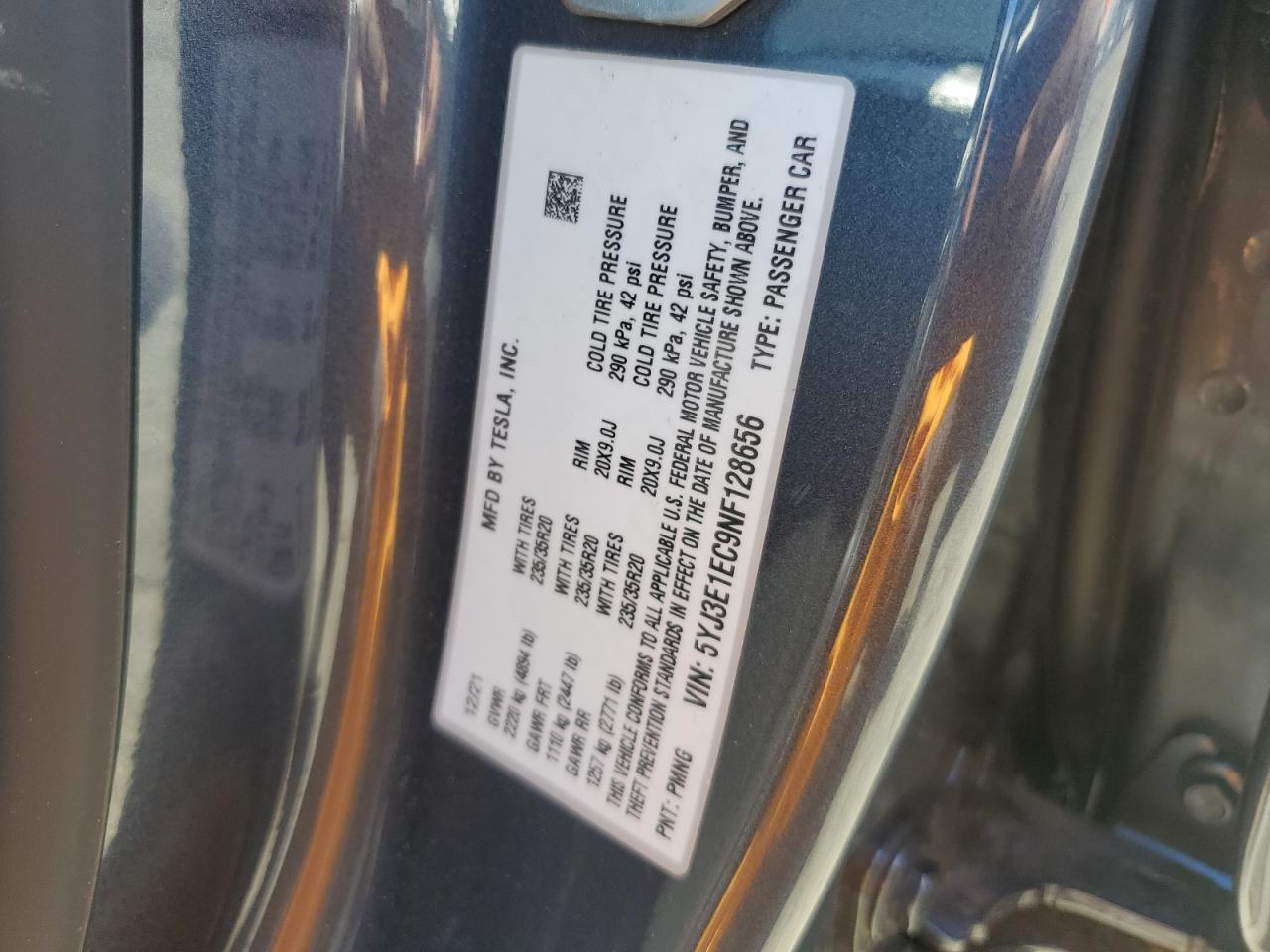 2022 TESLA MODEL 3 VIN:5YJ3E1EC9NF128656