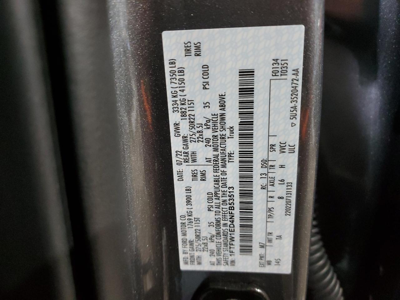 2022 FORD F150 SUPERCREW VIN:1FTFW1ED4NFB53513