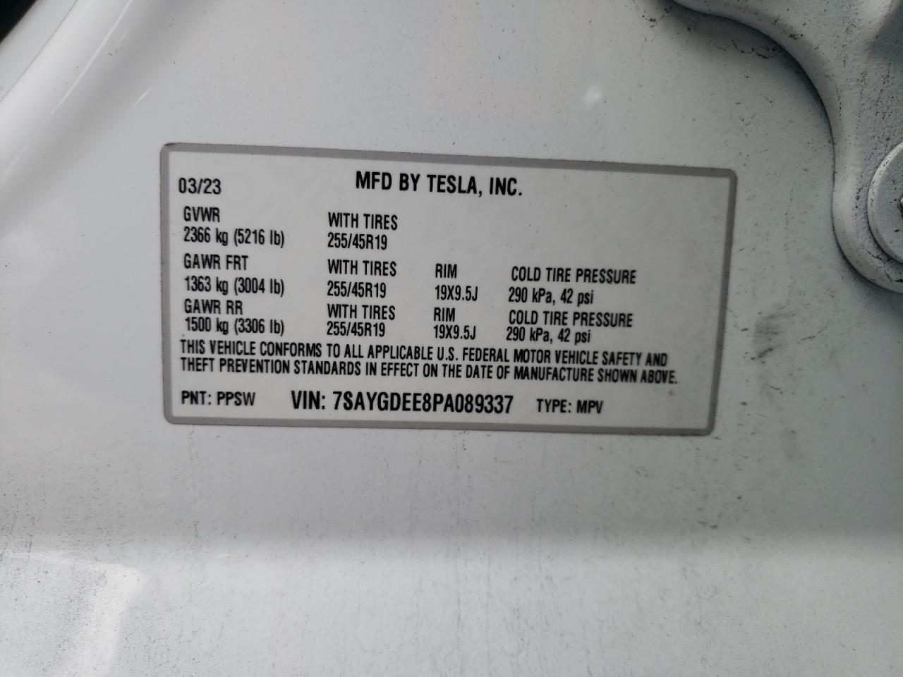 2023 TESLA MODEL Y VIN:7SAYGDEE8PA089337