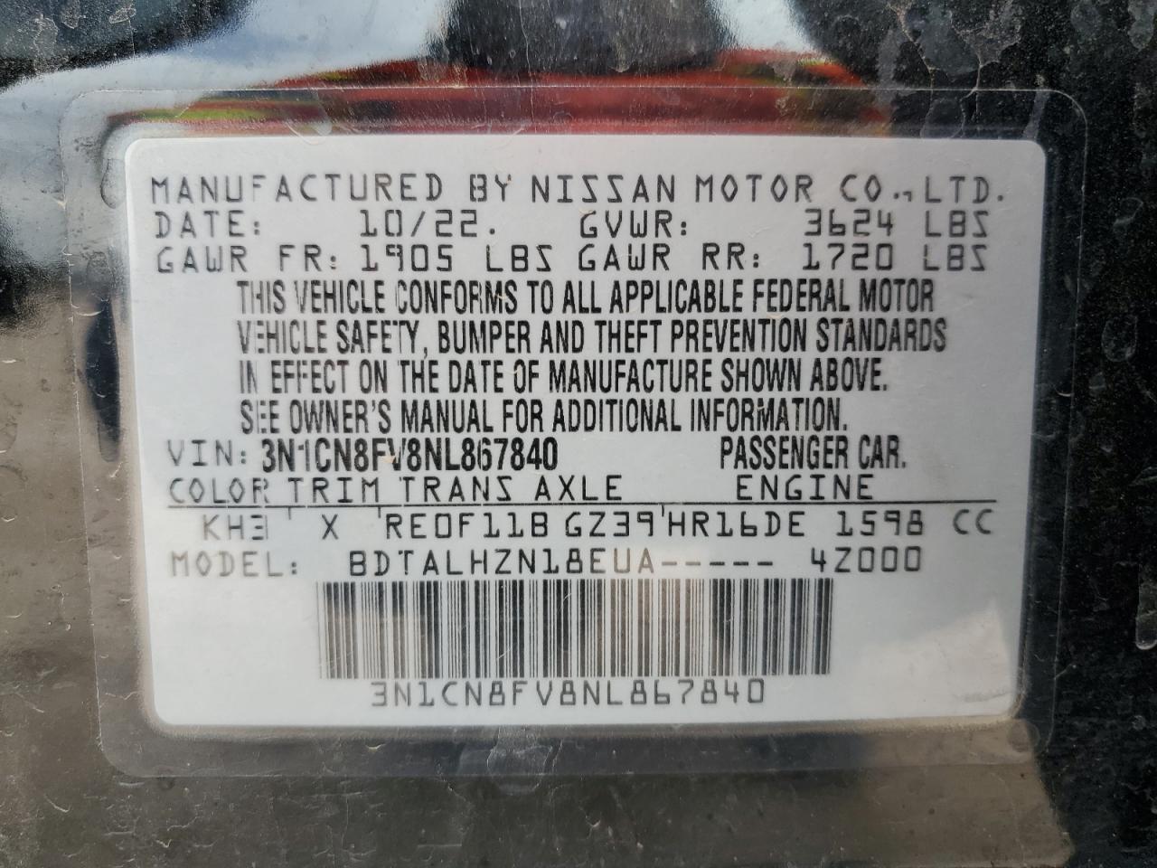 2022 NISSAN VERSA SR VIN:3N1CN8FV8NL867840