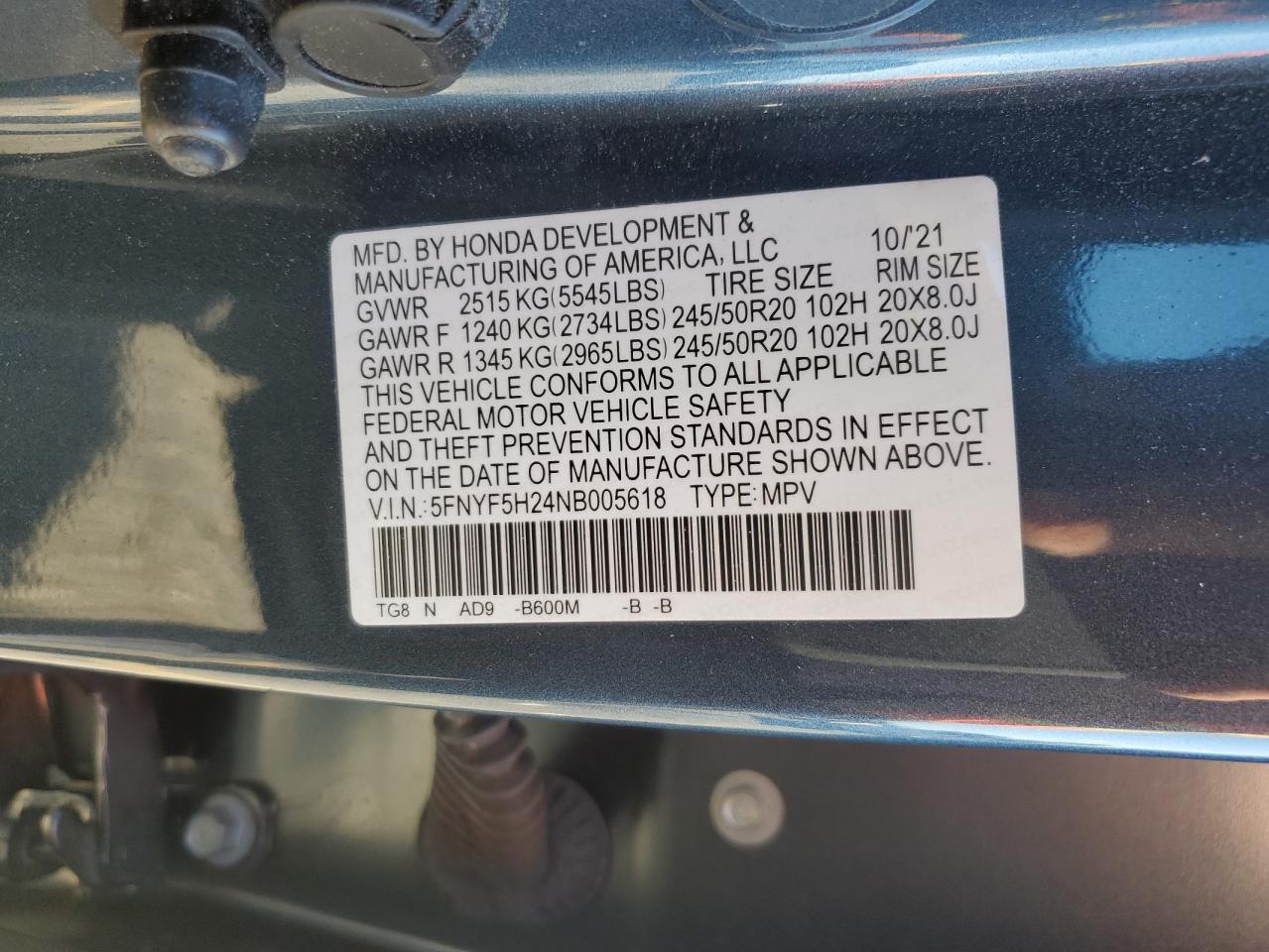 2022 HONDA PILOT SE VIN:5FNYF5H24NB005618