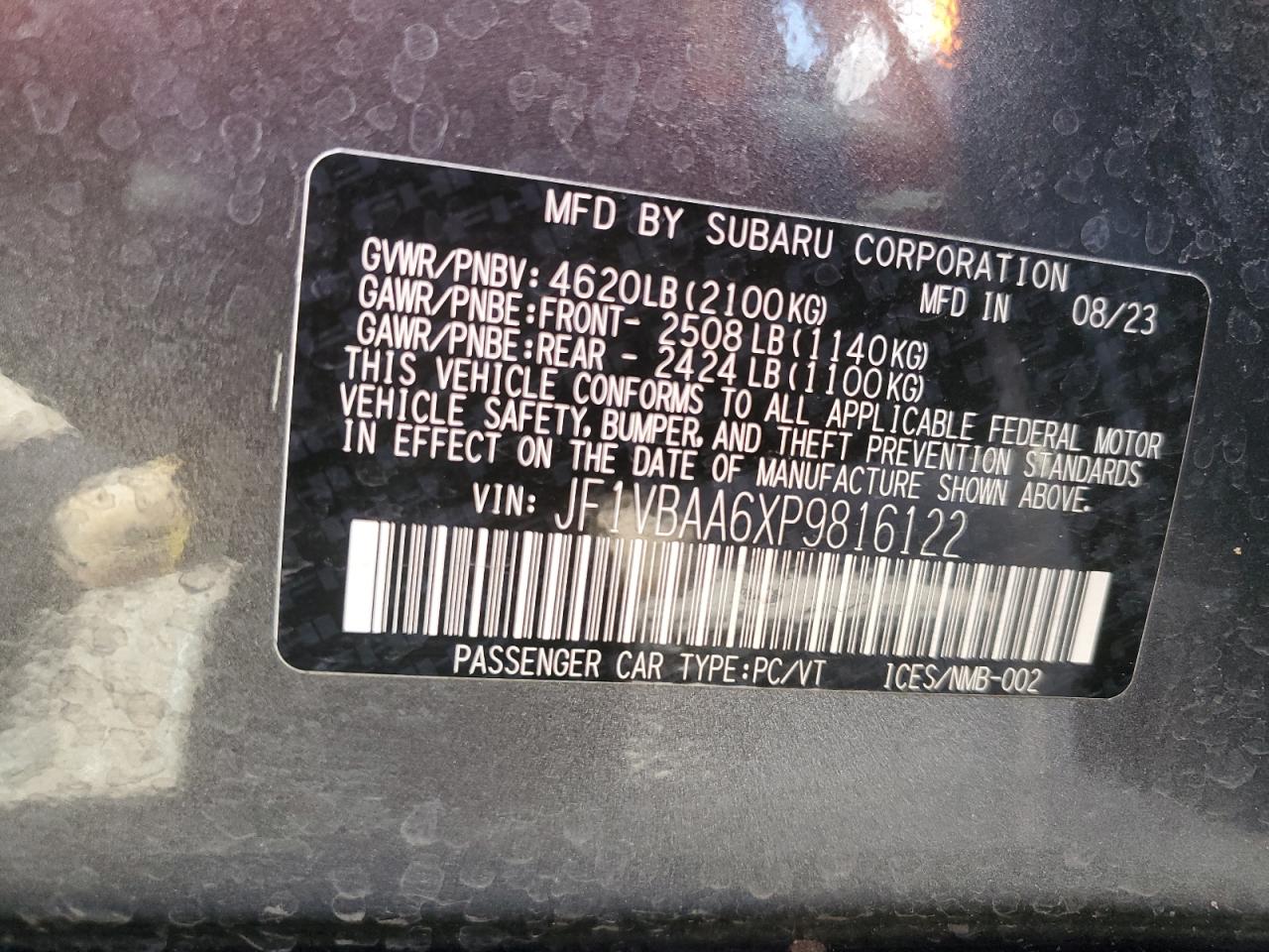 2023 SUBARU WRX VIN:JF1VBAA6XP9816122
