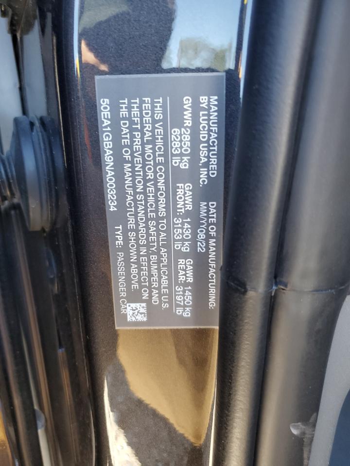 2022 LUCID MOTORS AIR GRAND TOURING VIN:50EA1GBA9NA003234