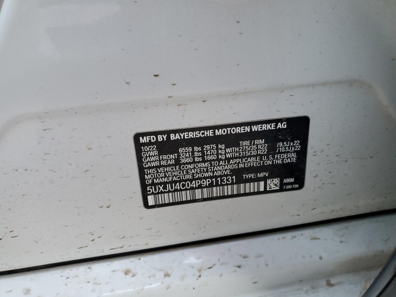 2023 BMW X5 M50I VIN:5UXJU4C04P9P11331