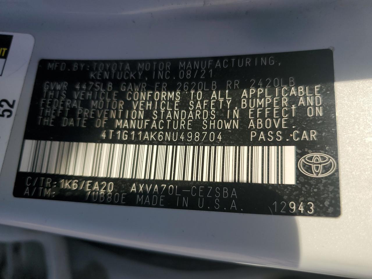 2022 TOYOTA CAMRY SE VIN:4T1G11AK6NU498704