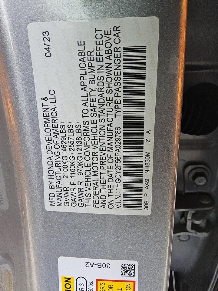 2023 HONDA ACCORD HYBRID SPORT VIN:1HGCY2F56PA029786