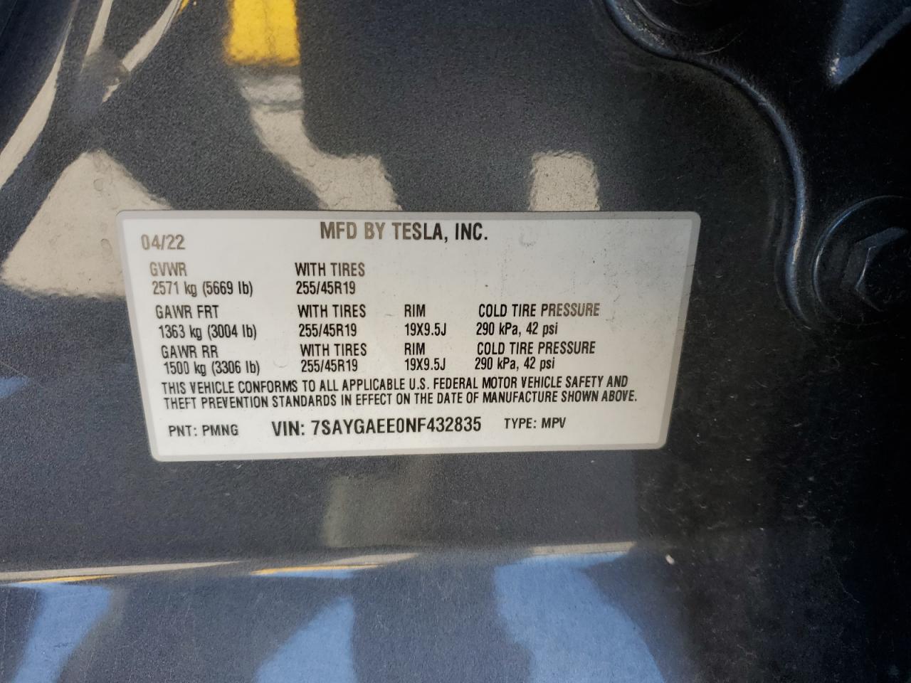 2022 TESLA MODEL Y VIN:7SAYGAEE0NF432835