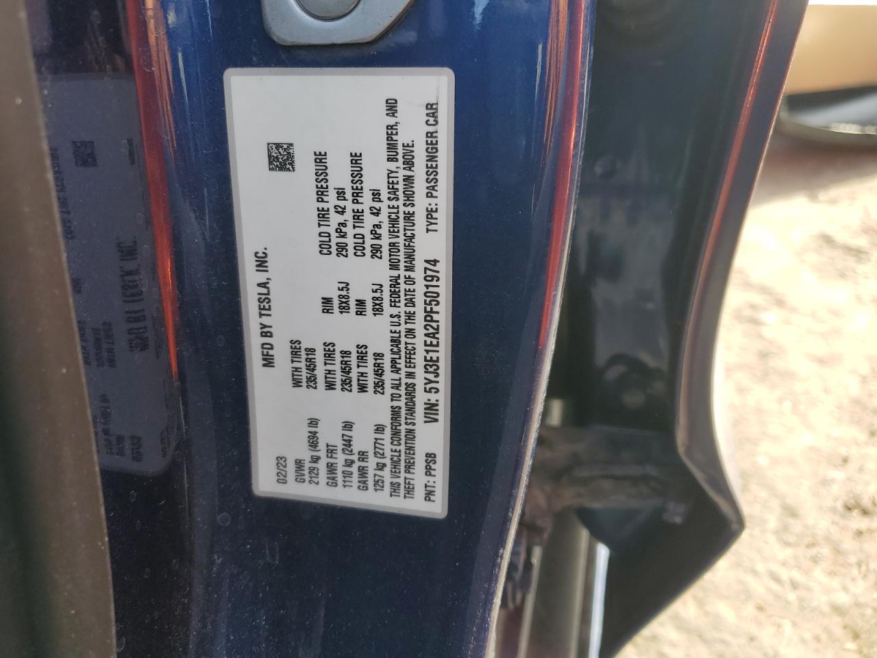 2023 TESLA MODEL 3 VIN:5YJ3E1EA2PF501974